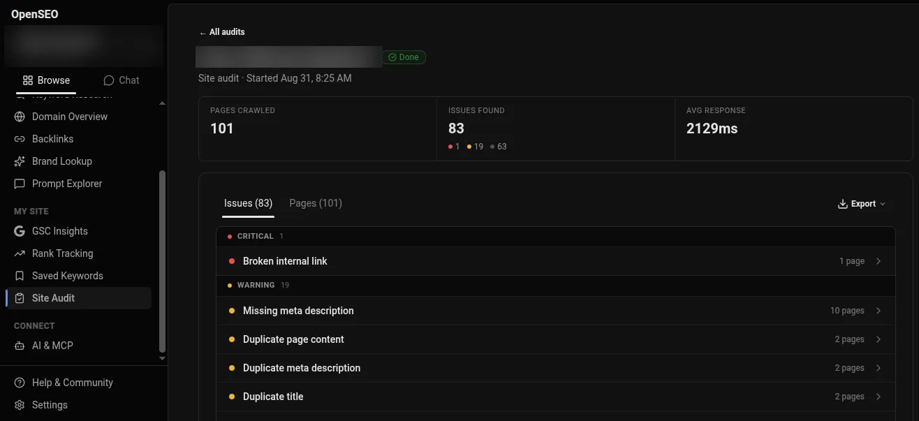 Schermata di OpenSEO — Site Audit: pagine scansionate, errori critici e warning trovati sul sito