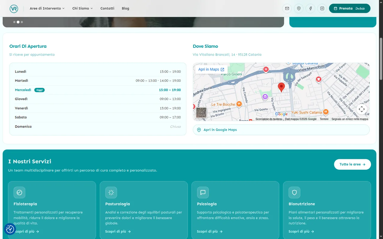Sezione servizi e localizzazione del sito Clinica VR Catania