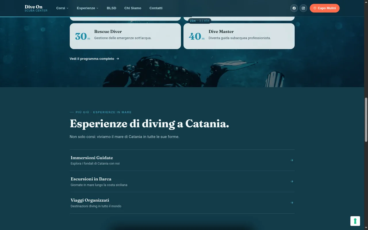Sezione corsi Dive On con indicatore di profondità 21m · 3.1 ATA e le card dei corsi Rescue Diver 30m, Dive Master 40m