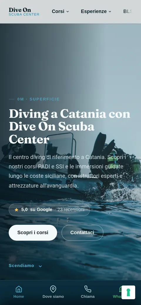 Vista mobile del sito Dive On Scuba Center, con header a pillola e bottom bar in stile app