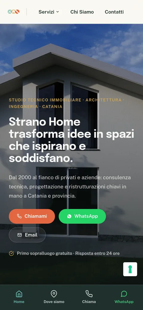Vista mobile del sito Strano Home, con header a pillola e bottom bar in stile app
